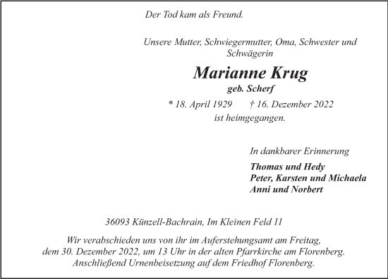 Traueranzeige von Marianne Krug von FZ