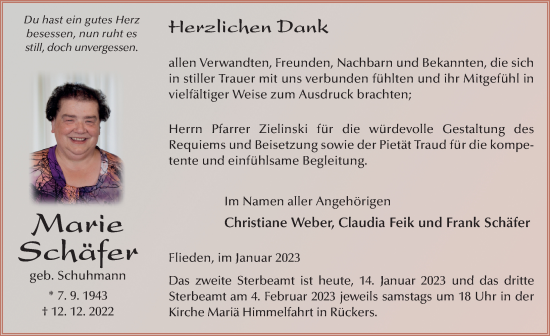 Traueranzeige von Marie Schäfer von FZ