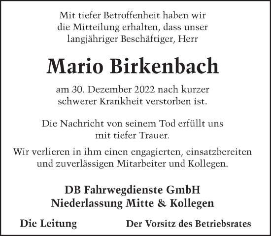 Traueranzeige von Mario Birkenbach von FZ