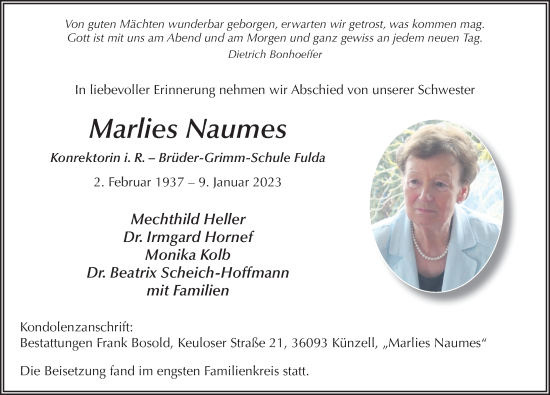 Traueranzeige von Marlies Naumes von FZ