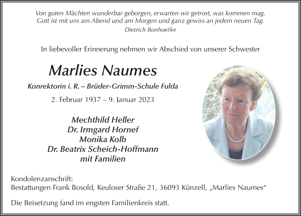  Traueranzeige für Marlies Naumes vom 21.01.2023 aus FZ