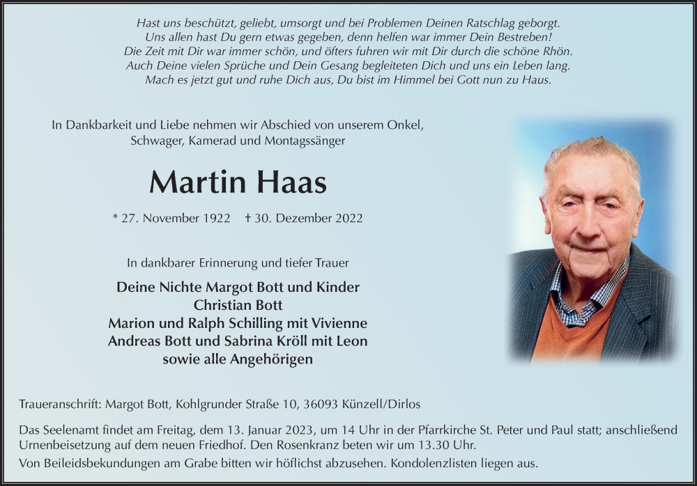  Traueranzeige für Martin Haas vom 10.01.2023 aus FZ