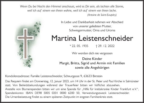 Traueranzeige von Martina Leistenschneider von FZ