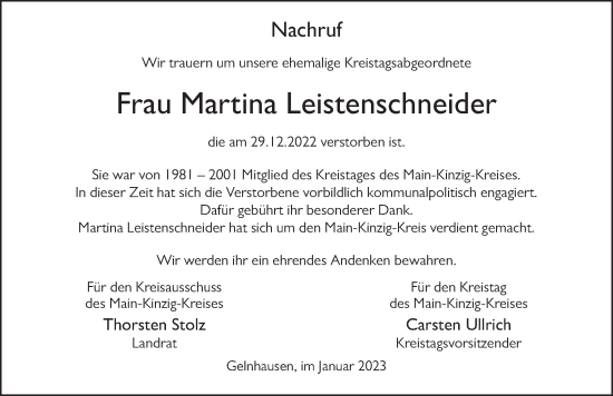 Traueranzeige von Martina Leistenschneider von FZ