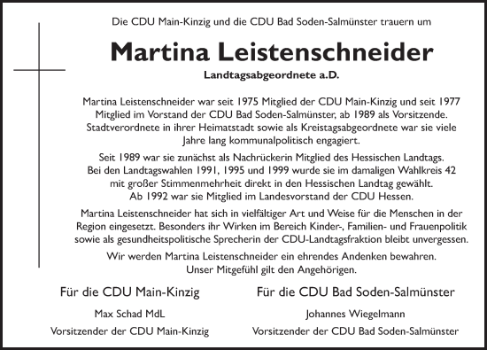 Traueranzeige von Martina Leistenschneider von FZ