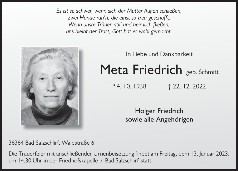  Traueranzeige für Meta Friedrich vom 10.01.2023 aus FZ