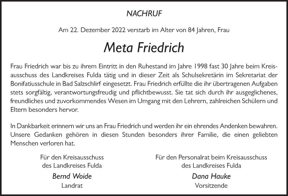  Traueranzeige für Meta Friedrich vom 10.01.2023 aus FZ