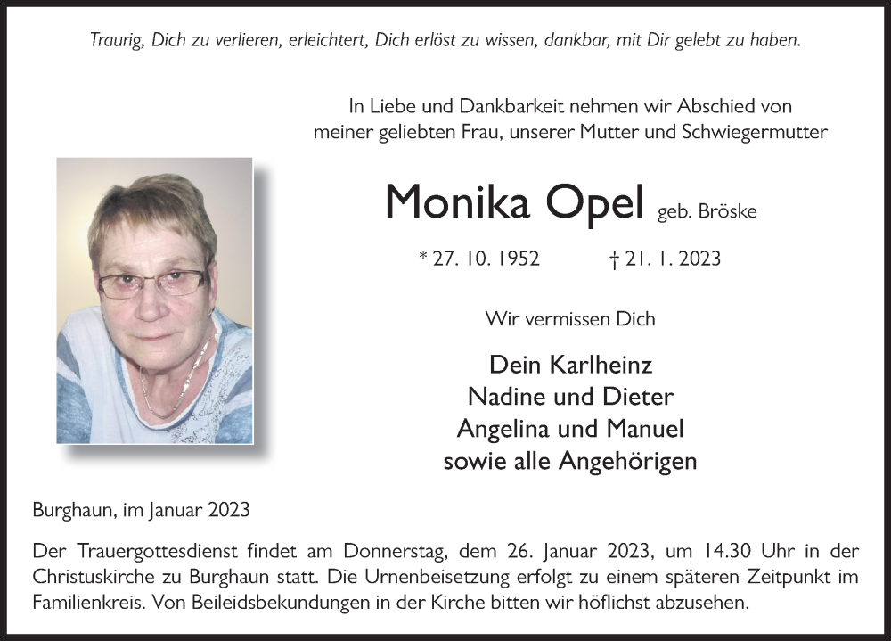  Traueranzeige für Monika Opel vom 24.01.2023 aus FZ