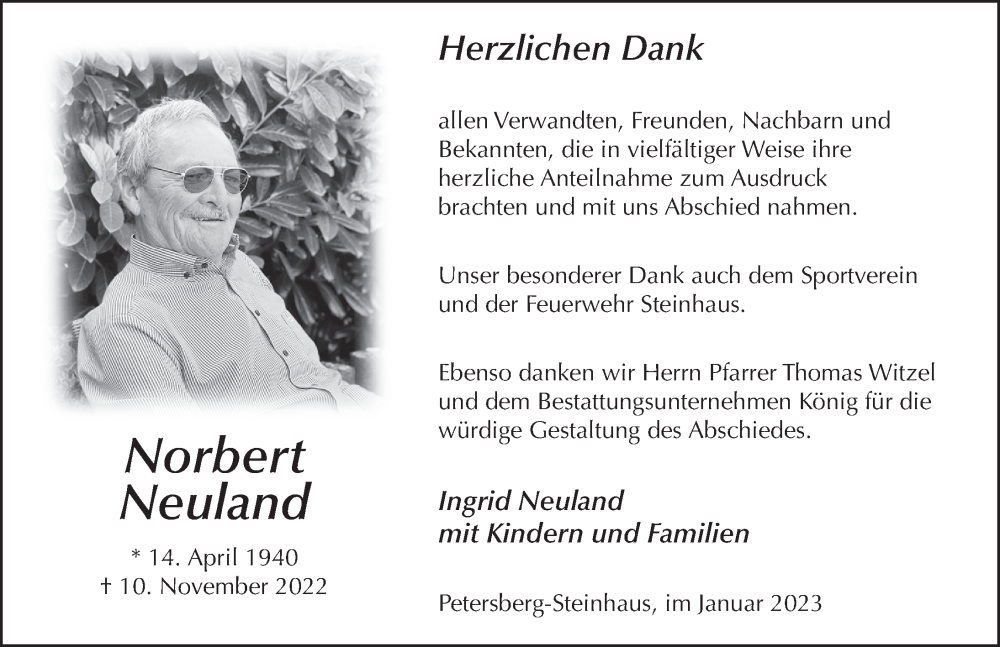  Traueranzeige für Norbert Neuland vom 20.01.2023 aus FZ