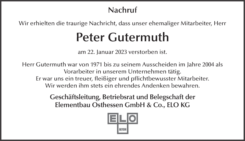  Traueranzeige für Peter Gutermuth vom 27.01.2023 aus FZ