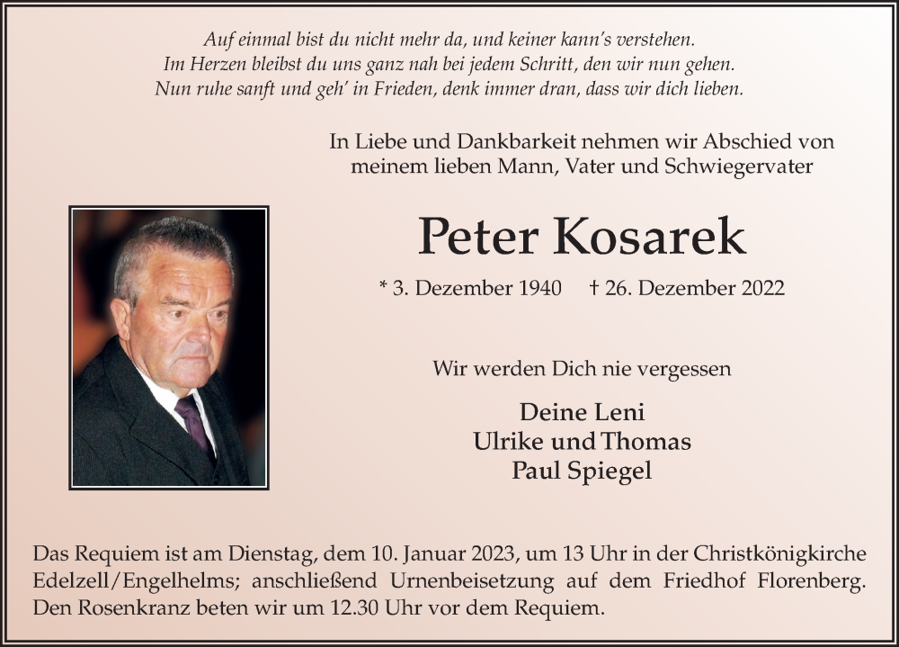  Traueranzeige für Peter Kosarek vom 07.01.2023 aus FZ