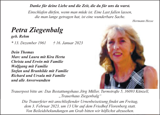 Traueranzeige von Petra Ziegenbalg von FZ