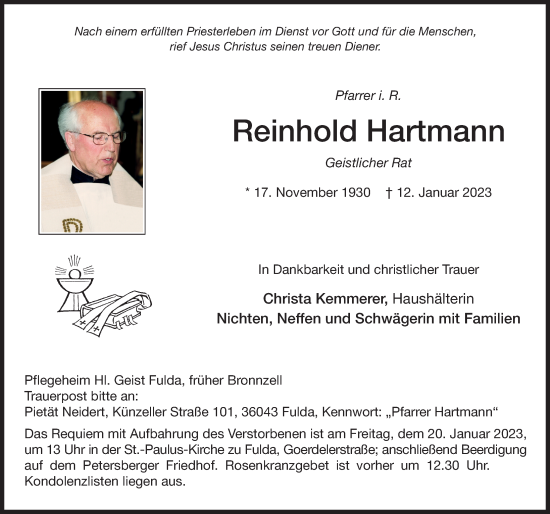Traueranzeige von Reinhold Hartmann von FZ