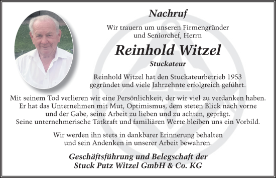 Traueranzeige von Reinhold Witzel von FZ