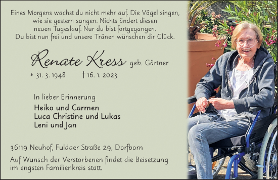 Traueranzeige von Renate Kress von FZ