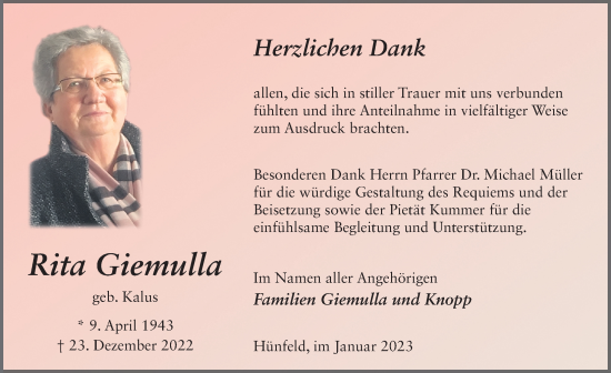 Traueranzeige von Rita Giemulla von FZ