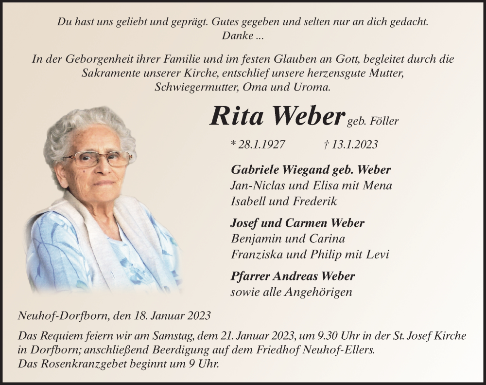  Traueranzeige für Rita Weber vom 18.01.2023 aus FZ
