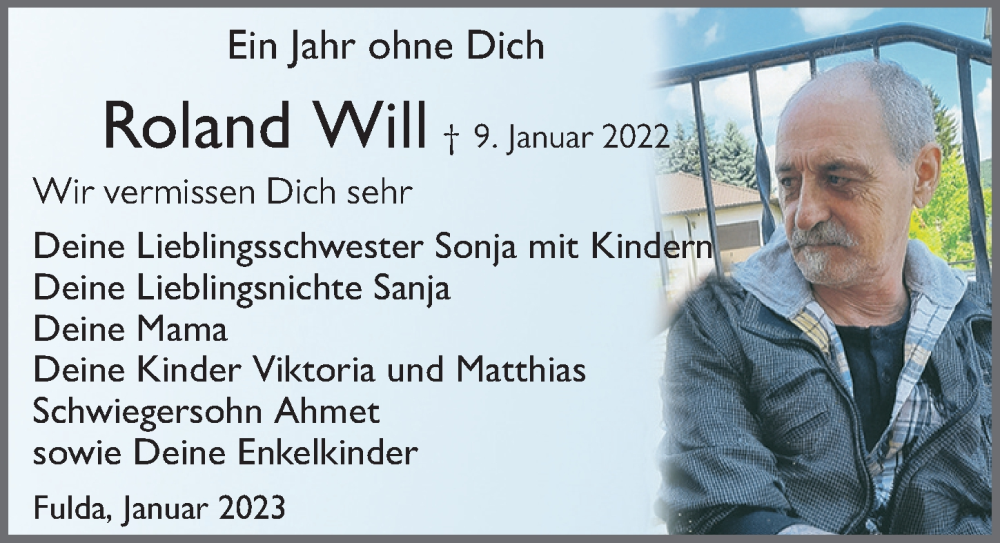  Traueranzeige für Roland Will vom 09.01.2023 aus FZ