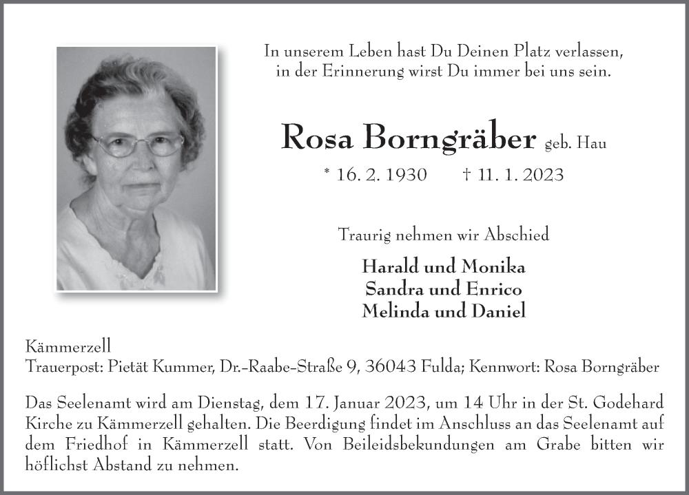  Traueranzeige für Rosa Borngräber vom 13.01.2023 aus FZ