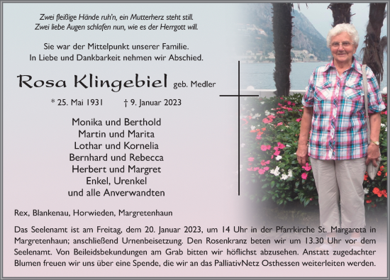 Traueranzeige von Rosa Klingebiel von FZ