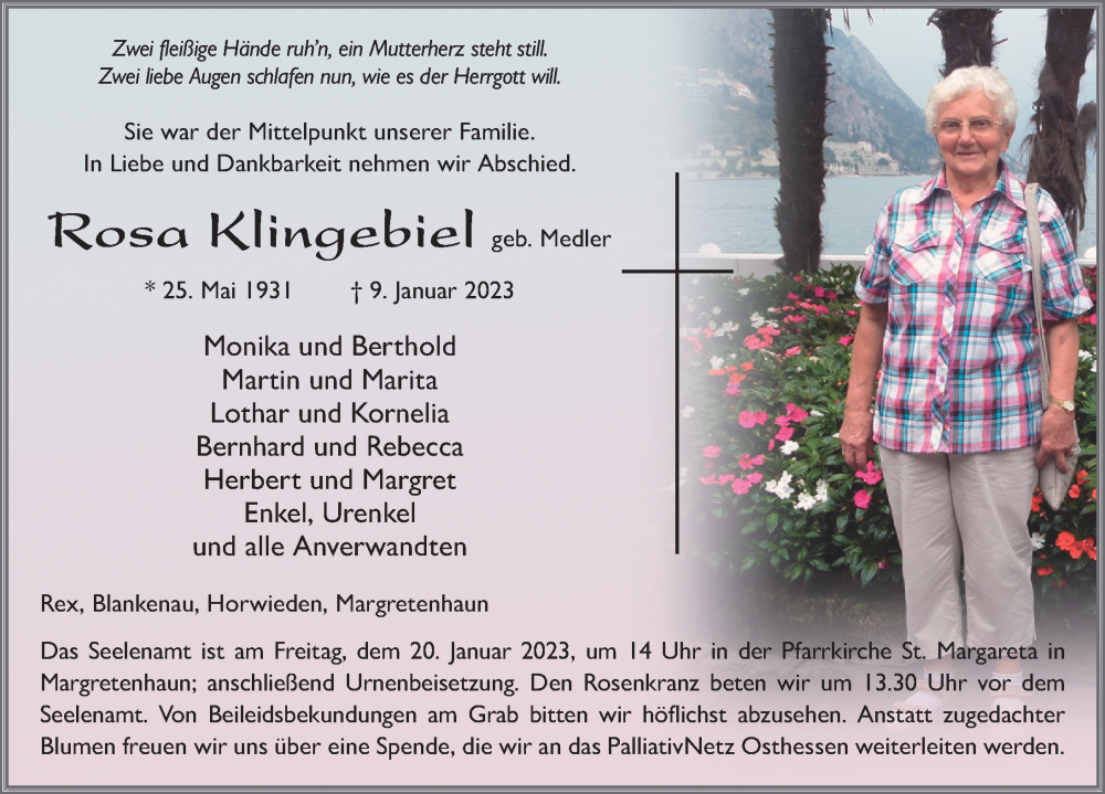  Traueranzeige für Rosa Klingebiel vom 17.01.2023 aus FZ