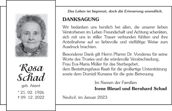 Traueranzeige von Rosa Schad von FZ