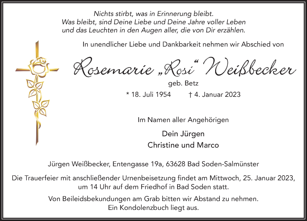  Traueranzeige für Rosemarie Weißbecker vom 19.01.2023 aus FZ