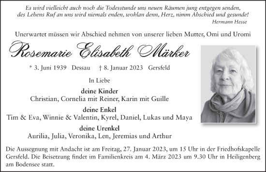 Traueranzeige von Rosemarie Elisabeth Märker von FZ