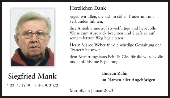 Traueranzeige von Siegfried Mank von FZ