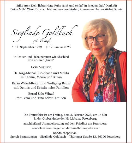 Traueranzeige von Sieglinde Goldbach von FZ