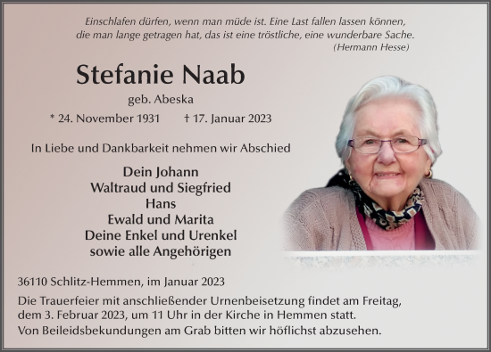 Traueranzeige von Stefanie Naab von FZ