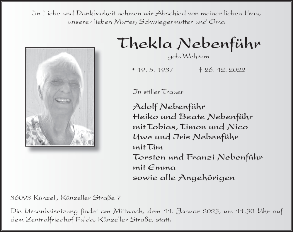  Traueranzeige für Thekla Nebenführ vom 07.01.2023 aus FZ