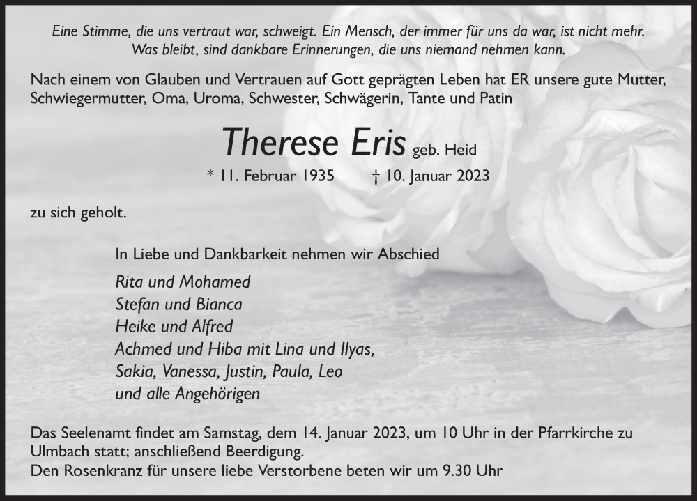  Traueranzeige für Therese Eris vom 12.01.2023 aus FZ