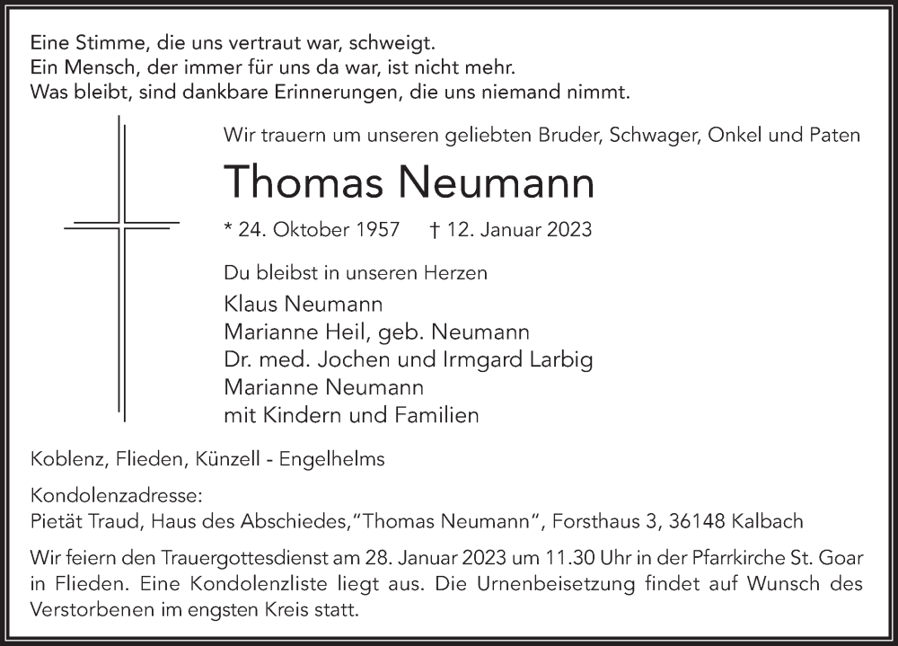  Traueranzeige für Thomas Neumann vom 20.01.2023 aus FZ