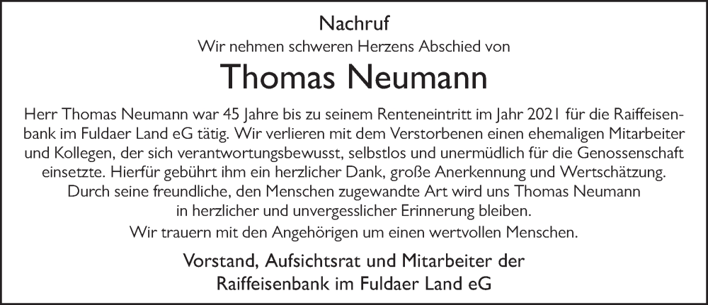  Traueranzeige für Thomas Neumann vom 20.01.2023 aus FZ
