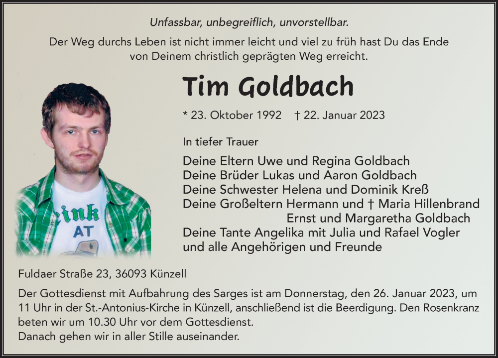  Traueranzeige für Tim Goldbach vom 24.01.2023 aus FZ