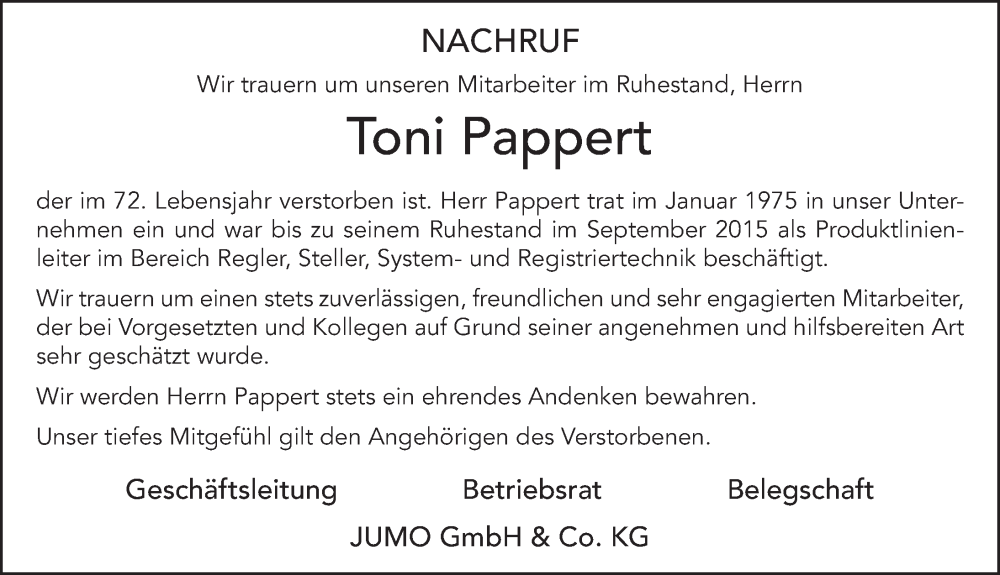  Traueranzeige für Toni Pappert vom 04.01.2023 aus FZ