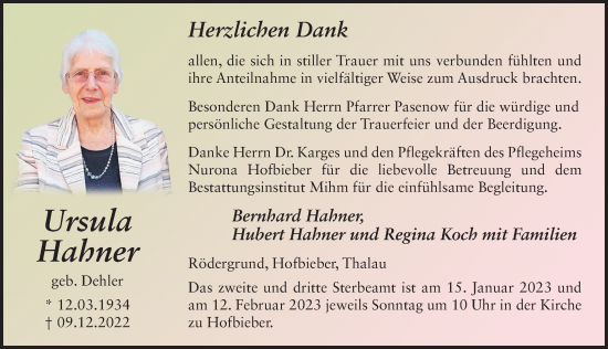 Traueranzeige von Ursula Hahner von FZ