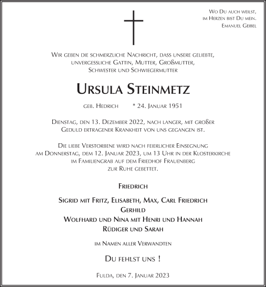 Traueranzeige von Ursula Steinmetz von FZ