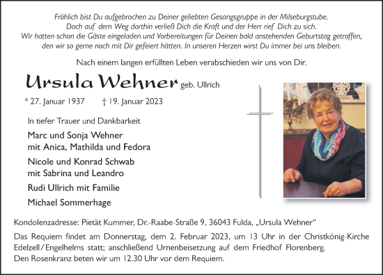 Traueranzeige von Ursula Wehner von FZ