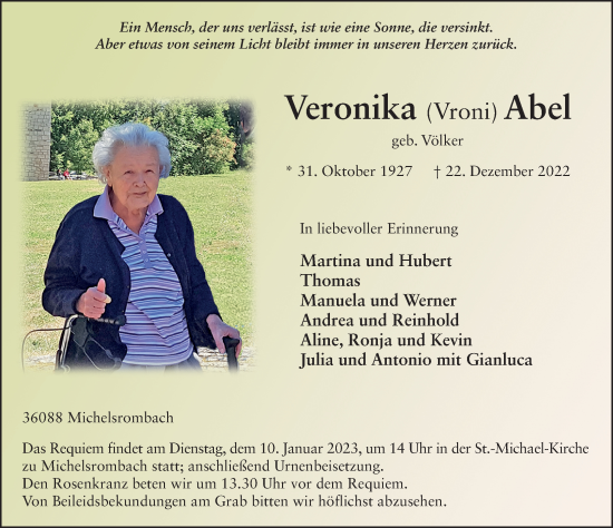 Traueranzeige von Veronika Abel von FZ