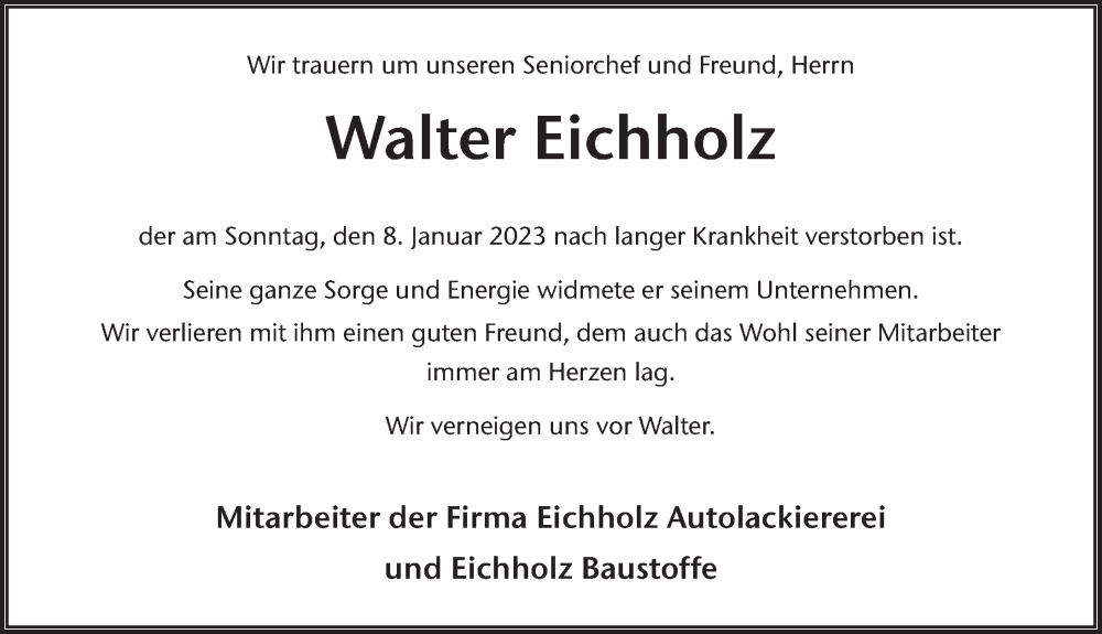  Traueranzeige für Walter Eichholz vom 19.01.2023 aus FZ