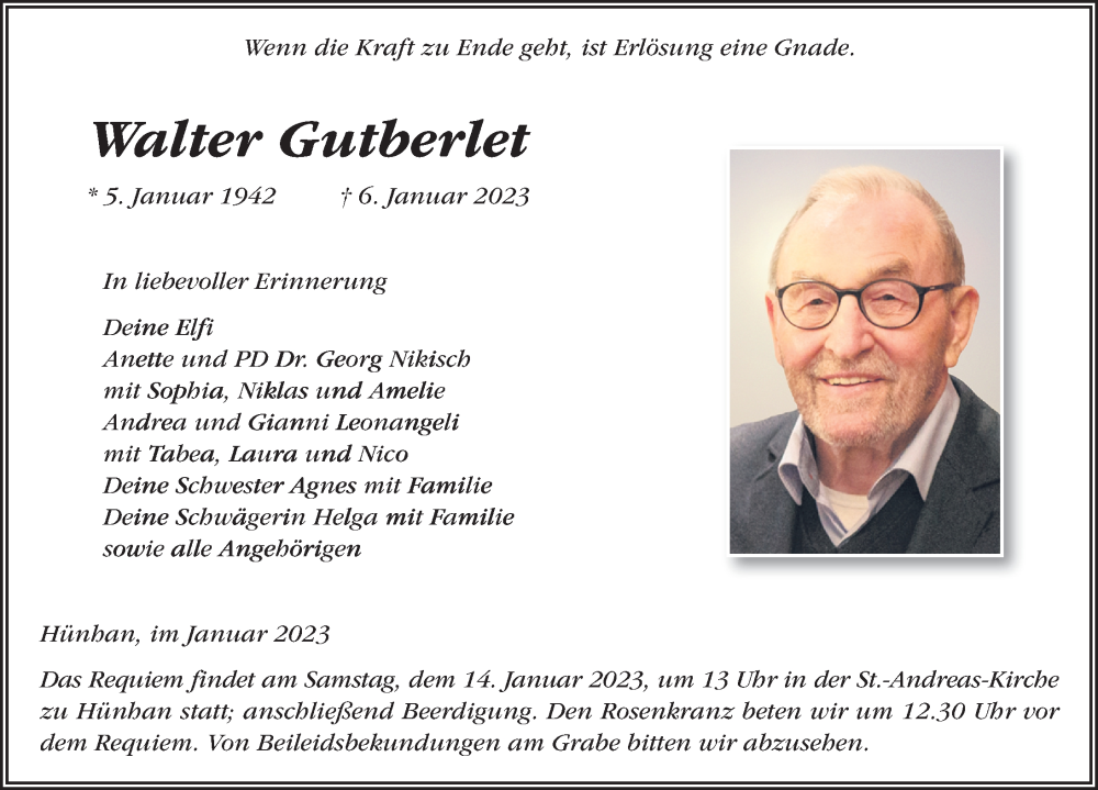  Traueranzeige für Walter Gutberlet vom 12.01.2023 aus FZ
