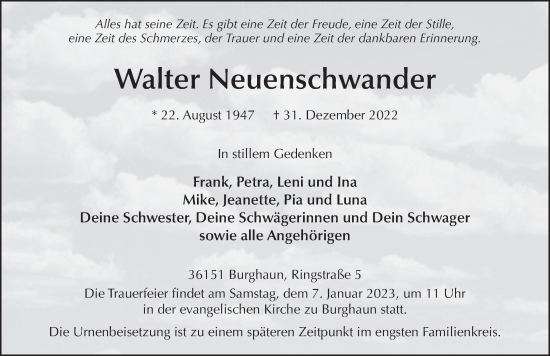 Traueranzeige von Walter Neuenschwander von FZ