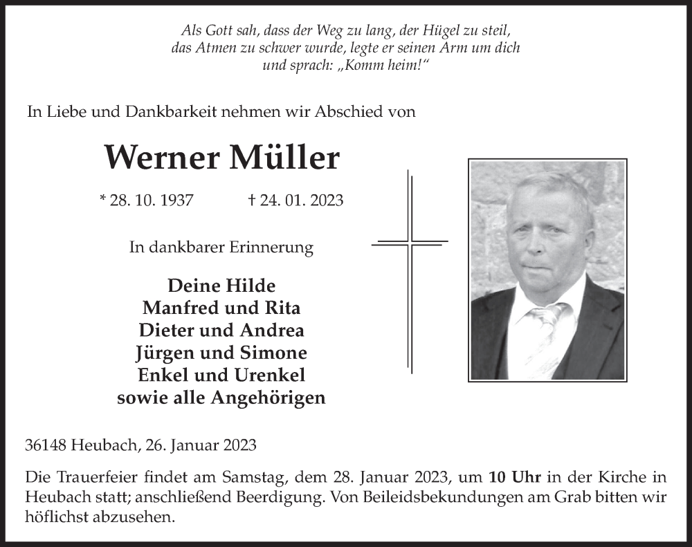  Traueranzeige für Werner Müller vom 26.01.2023 aus FZ