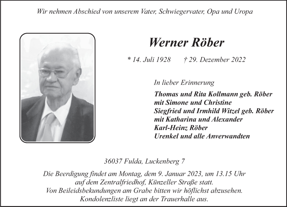  Traueranzeige für Werner Röber vom 04.01.2023 aus FZ