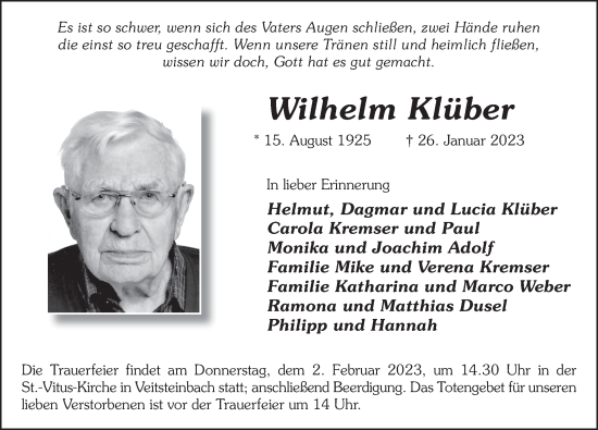 Traueranzeige von Wilhelm Klüber von FZ