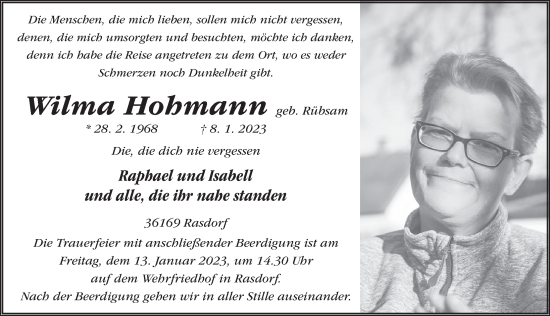 Traueranzeige von Wilma Hohmann von FZ