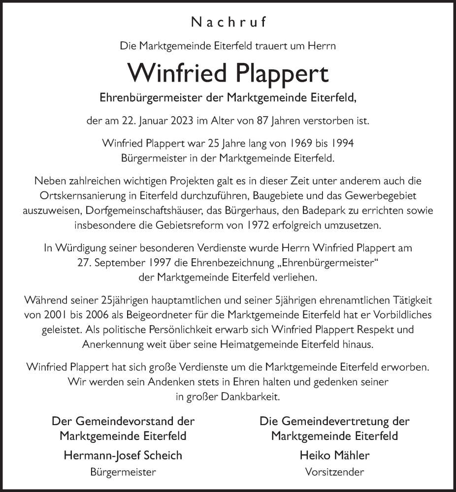  Traueranzeige für Winfried Plappert vom 26.01.2023 aus FZ