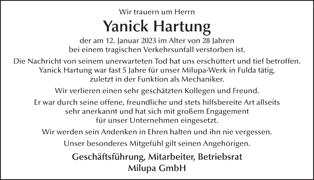  Traueranzeige für Yanick Hartung vom 17.01.2023 aus FZ
